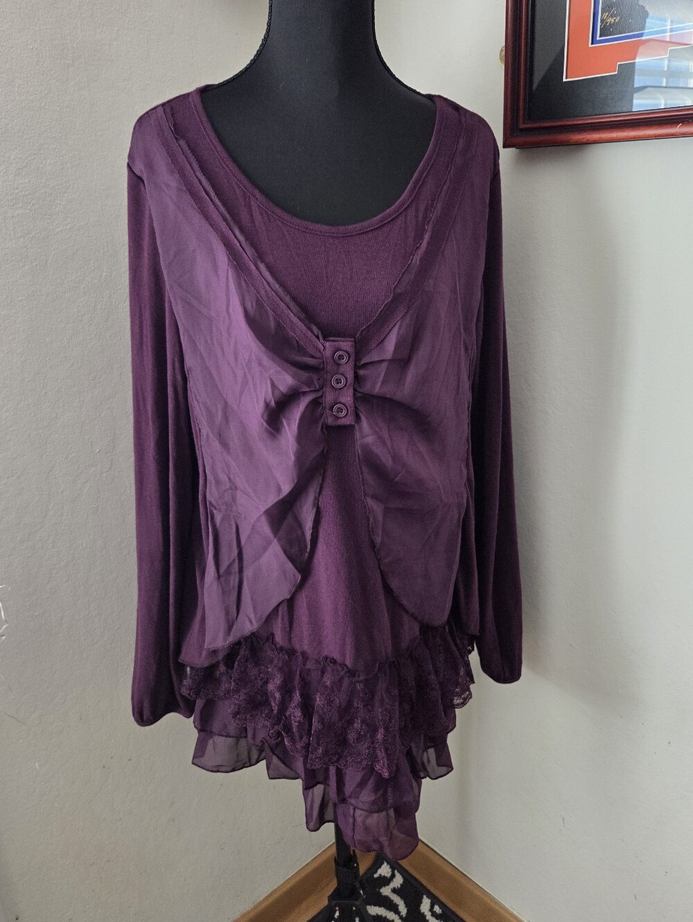 Plum Layered Ruffle Lace Tunic Top with Button Accent Whimsigoth Boho Fairy Lrg.